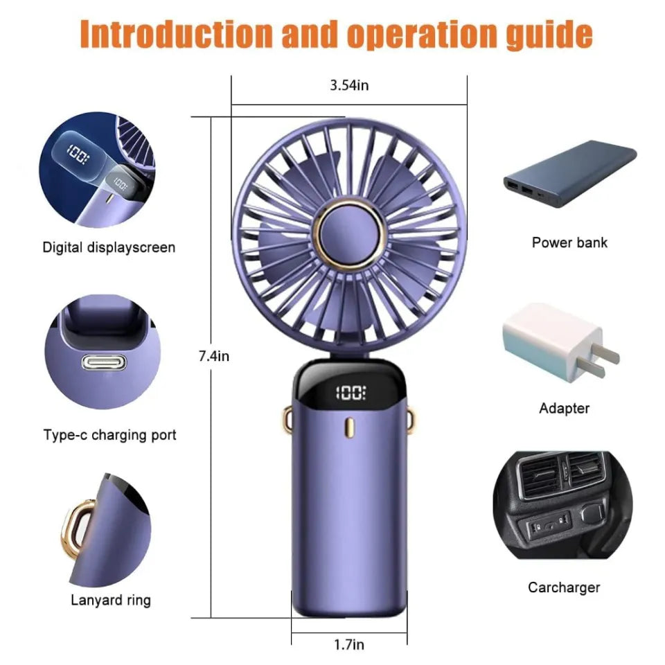 Portable Rechargeable Hand Fan with LED Display & USB Charging